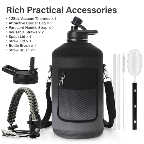 1 Gallon Water Bottle Insulated | Thickened Stainless Steel Vacuum Metal Water Jug | Portable Sports Large for Gym and Hiking with Straw, Carrier Bag, Handle Strap | BPA-Free 128 oz
