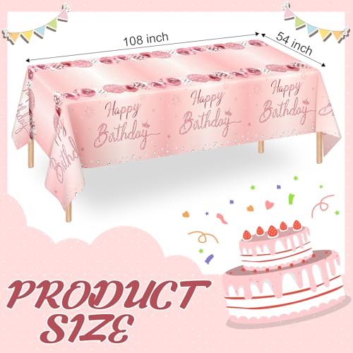 Image of WNINK 2 Pack Pink & Rose Gold Happy Birthday Tablecloths, Disposable Plastic Rectangular Table Covers for 6th 21st 30th 40th 50th Women Girls Birthday Party 54 x 108 Inches