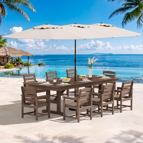 Image of SERWALL 10 Piece 84 inch HDPE Outdoor Dining Set for 8 with 15ft Double-Sided Umbrella, Brown
