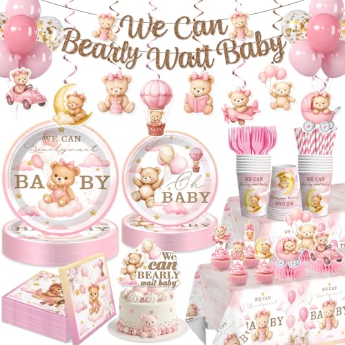 171 PCS Bearly Wait Baby Shower Decorations, Pink Bear Baby Shower Party Supplies with Balloon, Banner, Cake Topper, Plates and Napkins, for Baby Girl Shower, Serves 20