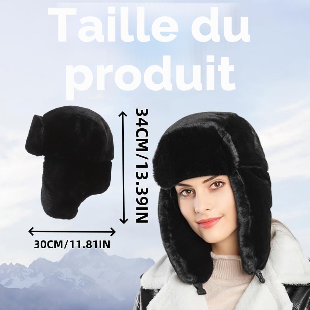 Chapeau de trappeur d'hiver - Chapeau russe - Chapeau d'hiver chaud avec oreilles - Coupe-vent - Fausse fourrure - Noir - Pour le patinage, l'extérieur ou un usage quotidien.