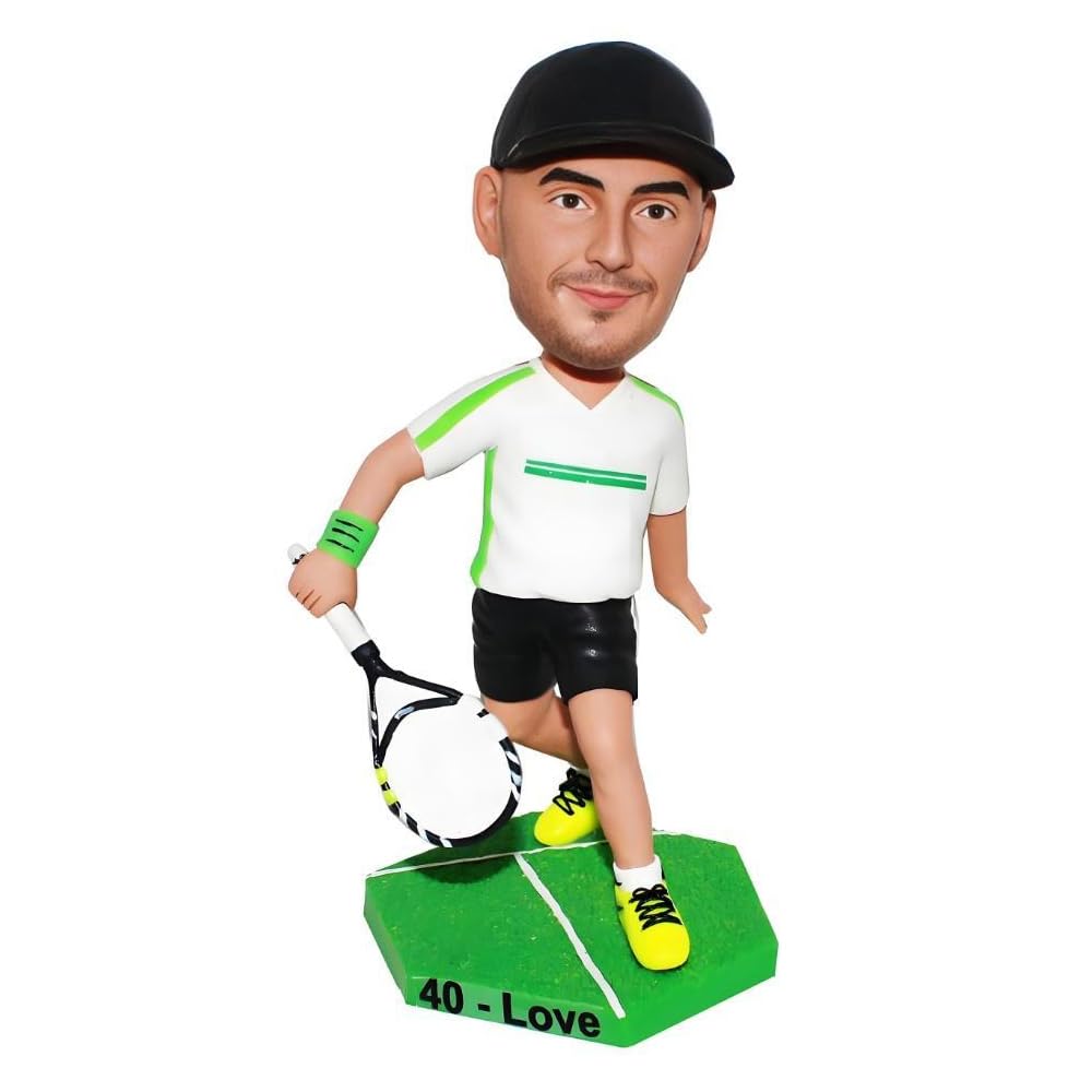 MEJELE Custom Tennis Player Bobblehead, Sports Figurine with Racket, Green Court Base Sculpture,Professional Retirement Gift Office Decoration