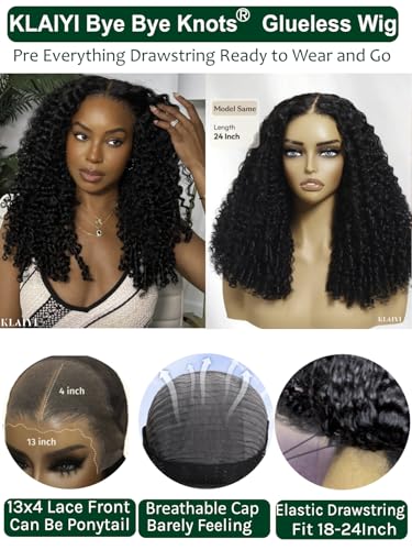 Image of KLAIYI 13X4 Pre Everything Burmese Curly Wig With Finger Coil Ends Put On and Go Spiral Curls Lace Front Human Hair Wigs Drawstring Glueless Precut Ear to Ear HD Lace Pre Plucked Bleached Knots 22Inch