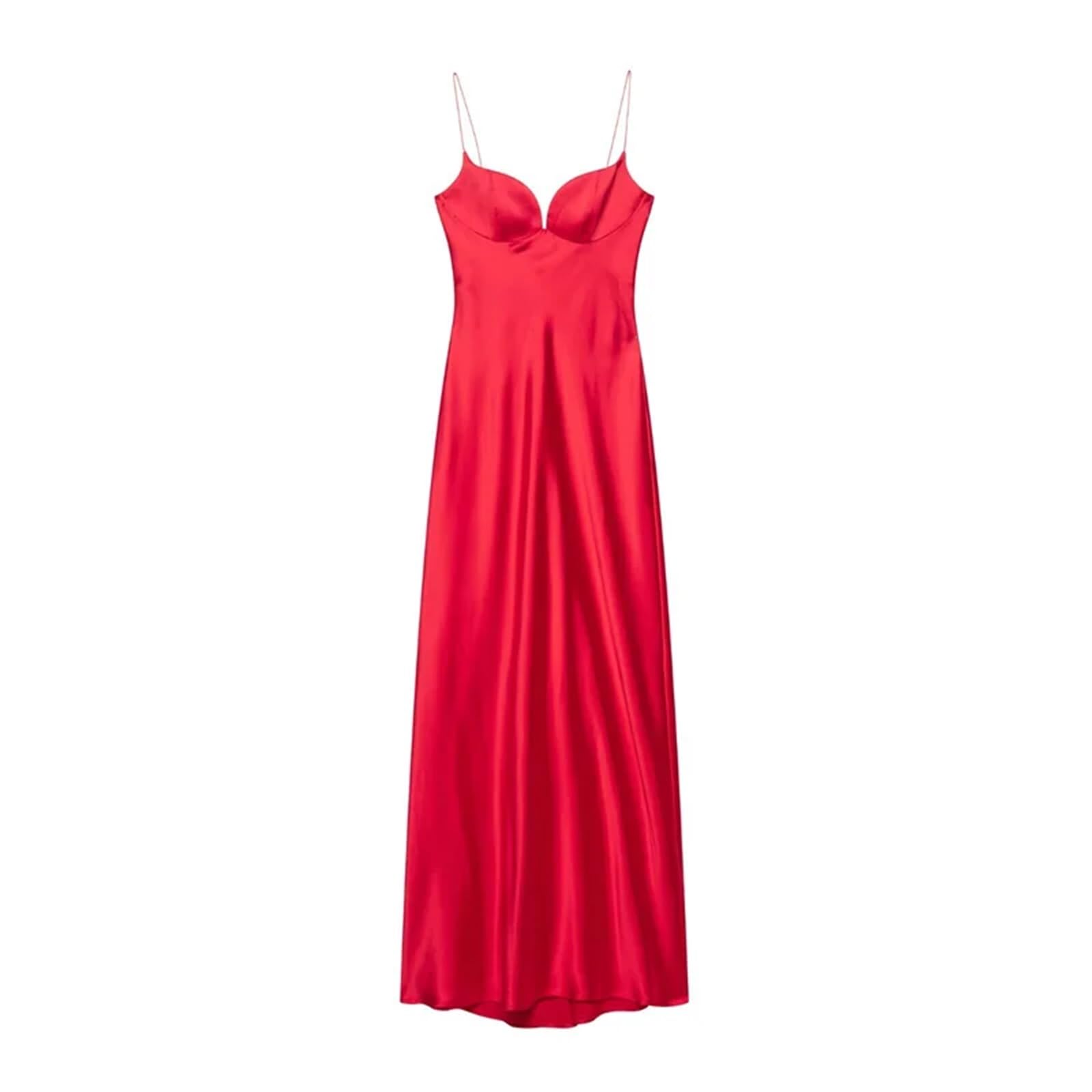 Fond De Robe Femme Robe mi-longue d'été en satin de soie rouge for femme, tenue sexy à bretelles décolletées V profond