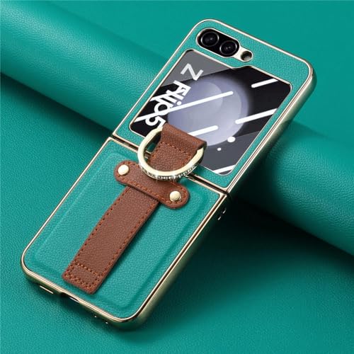 Housse Samsung Galaxy Z Flip 5 vert en cuir rigide idéale pour les appels vidéo mains libres