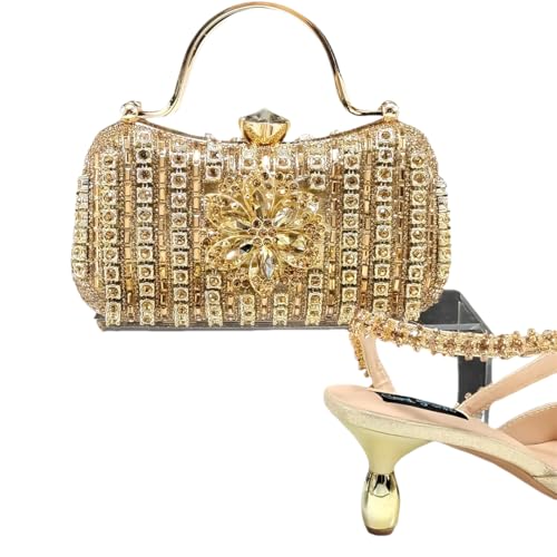 Chaussures bout pointu strass or avec pochette assortie style magazine