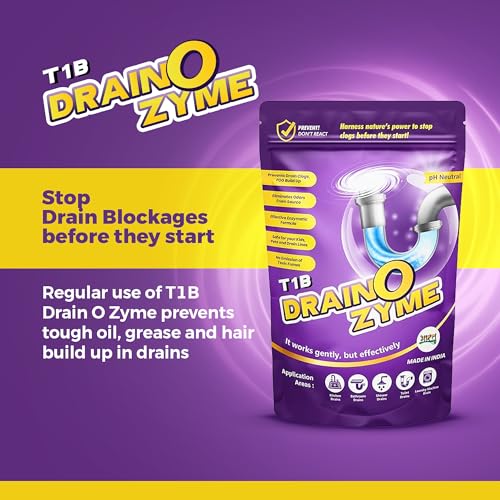Image of T1B Drain O Zyme Drain Cleaner Powder - Enzyme Based - Removes Odour, Clogs & Blockages from Kitchen, Bathroom & Commercial Drains, Safe For All Pipes - Pack of 2 (250 gram)