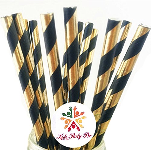 100 pitillos de papel negro y dorado con rayas metálicas miniatura 2