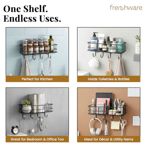 Image of Frenchware Self Adhesive Kitchen Shelf Organiser, Drill-Free Wall Rack | with Magic Stickers & 4 Hooks, Rust-Proof Storage Shelf for Bathroom, Black