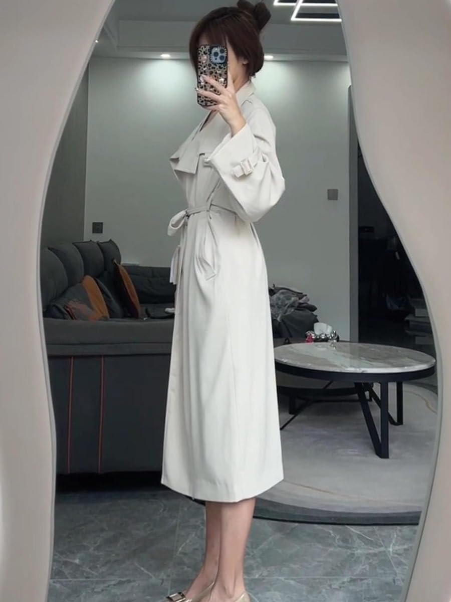 HSQIBAOER Women's Overcoats Long Trench Coat White Stand Collar Fall Belted Jacket for Women