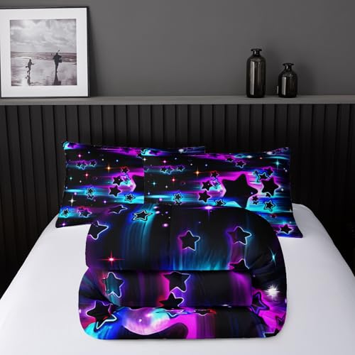 Image of Nttopship Colorful Sky Meteor Stars Comforter Set King Size,Beautiful Galaxy Bedding Sets 3-Pieces for Boys Girls Teen Room Decorat, Soft Lightweight Bed Set with Comforter 2 Pillowcases