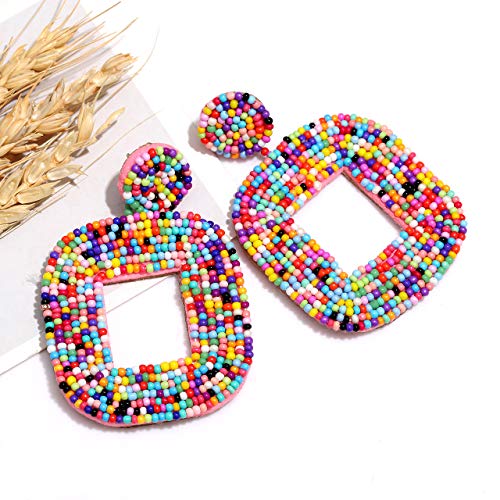Beaded Drop Earrings Multicolored Seed Bead Earrings for Women Bohemia Statement Square Bead Hoop Dangle Earrings for Wedding Party Vacation4