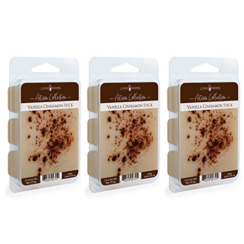 3 Pack CANDLE WARMERS ETC 2.5 oz Artisan Wax Fragrance Melts | 100% Soy with Hand-Applied Decorative Elements, Vanilla Cinnamon Stick