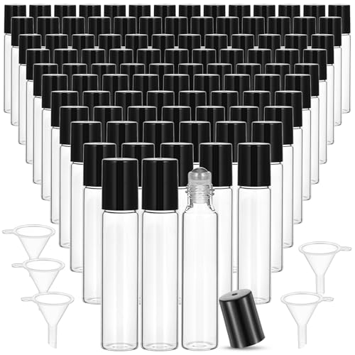 MAQUITA Leere Glasflaschen für ätherische Öle, 10 ml, mit Edelstahlkugeln, Schutz, auslaufsicher, mit 5 Trichtern für Reisen, Parfüm, Lipgloss, 100 Stück (transparent)