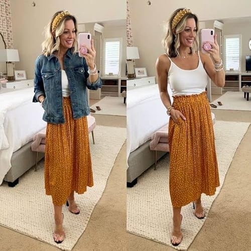 Chigant Women Swing Skirts Chiffon A-Line Summer Beach Pleated High Waisted Maxi Skirts Mustard Yellow M #TOP4