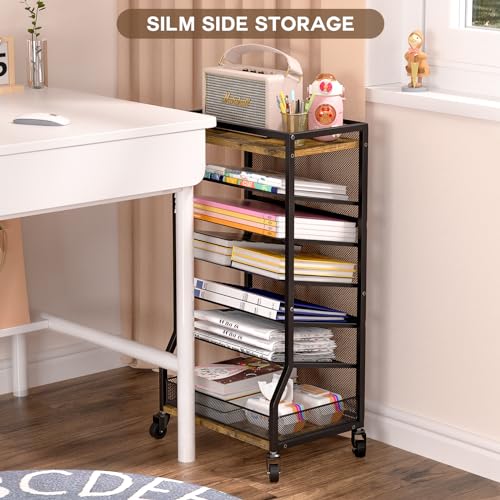 Image of ThreeHio 7 Tier Rolling File Cart with Sliding Trays, Wood Metal File Organizer Beside Desk, Free-Standing File Holder, Paper Letter Tray Organizer Mesh Desk Organizer for Home Office School (Patent)