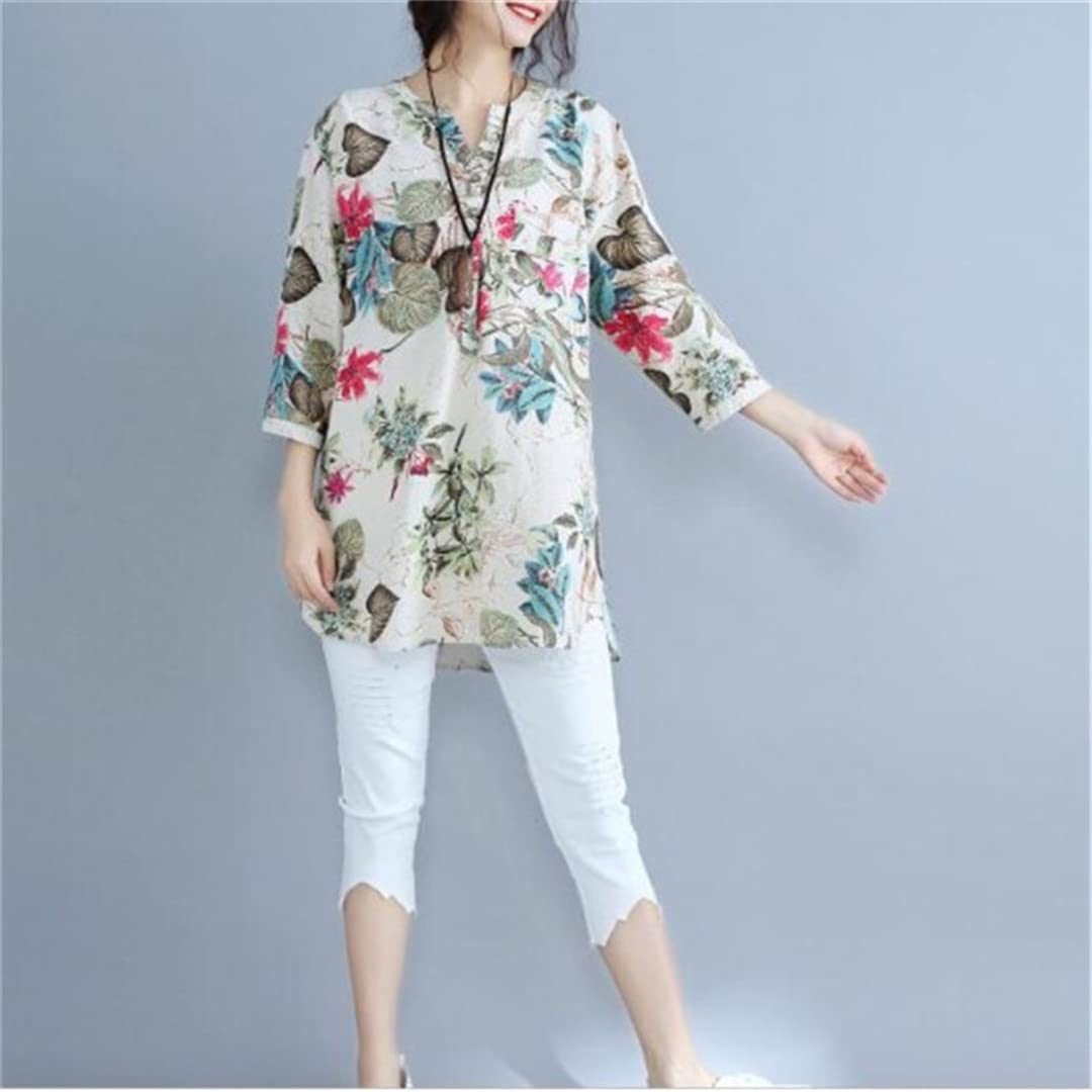 Générique Chemisier à Manches 3/4 à col en V pour Femmes Chemises Fines en Coton et Lin à Fleurs Tunique Longue décontractée avec Poche