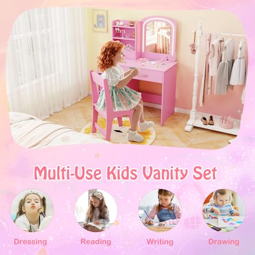 Image of HONEY JOY Kids Vanity, Little Girls Vanity Set with Mirror and Stool and Lights, Wooden Princess Makeup Dressing Table, Storage Box & Shelf, Pretend Play Kids Vanity Table and Chair Set(Pink)