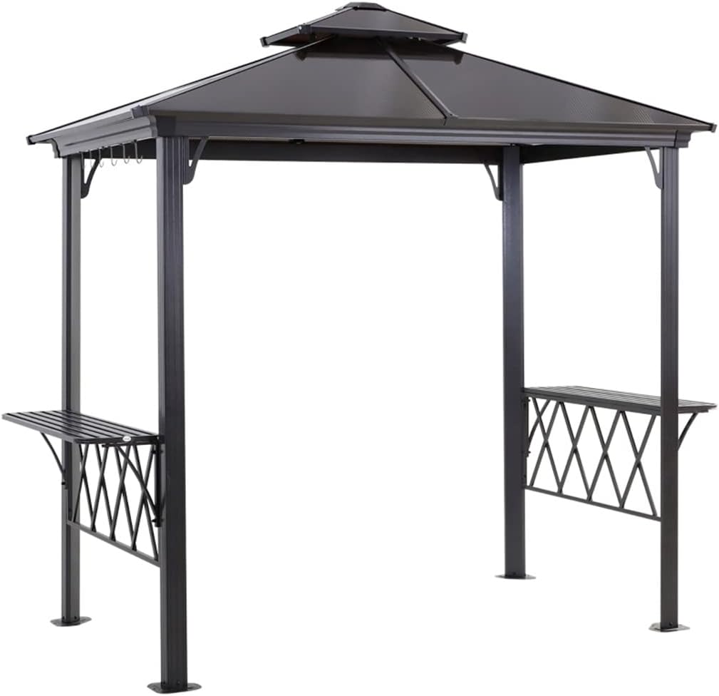 Outside Porch Pergola Canopy W/ 6 Hooks for Utensils & Venting Roof，for Outdoor BBQ and Enjoy A Party.