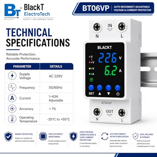 Image of Blackt Electrotech BT06VP 230V AC Digital Voltage and Current Protection Relay - 1-63A Single Phase - Adjustable Over Under Voltage and Overcurrent Protector DIN Rail Mount