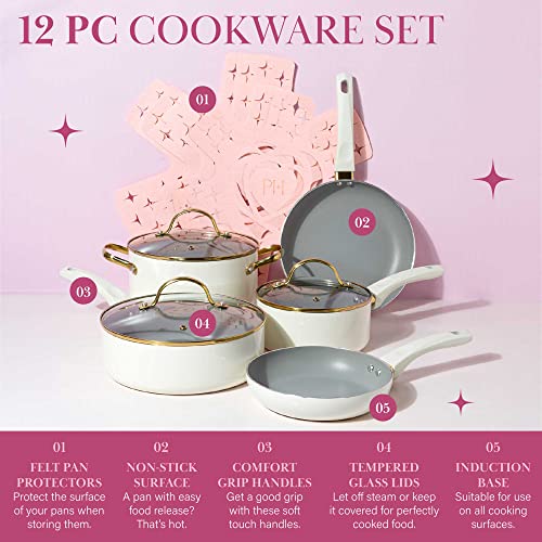 Paris Hilton Epic Nonstick Pots And Pans Set, Multi-Layer Nonstick Coating, Tempered Glass Lids, Soft Touch, Stay Cool Handles, Made Without Pfoa, Dishwasher Safe Cookware Set, 12-Piece, Cream #TOP2