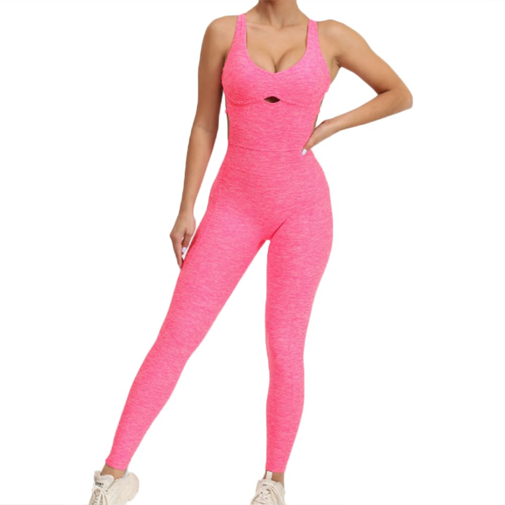 JPXJGT Women Scrunch Butt Yoga Onesie Tight Running Sports Fitness Bodysuit Romper Jumpsuits(Deep pink,L)