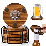 2-in-1 Wood Coasters with Bottle Opener, Set of 6 with Holderβ Funny Acacia Wood Drink Coasters with Stainless Steel Openers & Non-Slip Feet β Durable and Functional for Beer or Soda Drinking