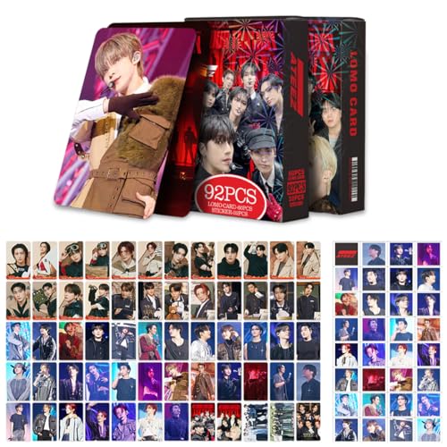 DEFGNOP Kpop Ateez Merch Ateez Photocards 60 Stück Lomo Card 32 Stück Aufkleber Set Geburtstagsgeschenk für Fans Jugendliche (C)