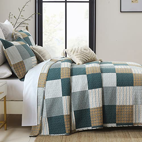 Pangushan 100% Cotton Quilt Set Queen Size, Patchwork Plaid Queen Quilt Bedding Set Bedspreads, Farmhouse Lightweight Comforter Reversible Quilt, Green/Brown/White Bed Spread For Queen Bed, 3Pcs #TOP2