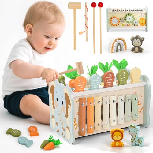 Almaxi Jouet Montessori 1 an, 6 en 1 Jouet en Bois Bebe 1 an avec Xylophone Bebe,Jeu De Taupe, Jeu Pêche, Jeux d'engrenage, Jeux Enfant d'activité Cadeau Anniversaire...