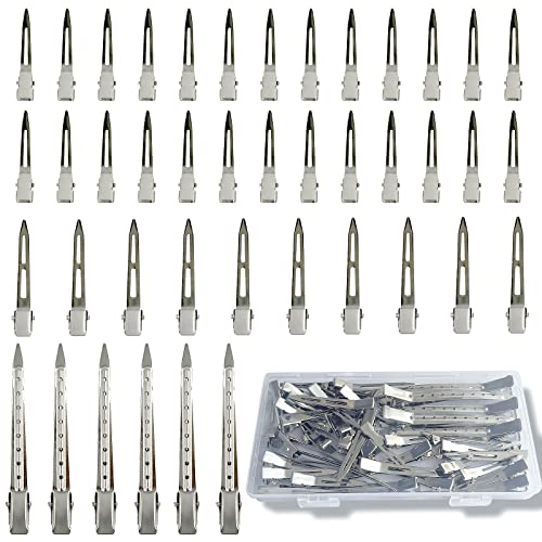 HiJeaton 42Pcs Styling Hair Clips, Silver Metal Duck Billed Hair Clips for Women Styling Sectioning, Duckbill Long, Pin Curl, Alligator Roller Clip with Case (42PCS)