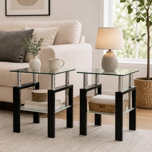 Image of Meihua 2pcs Glass Side Table for Small Space, Square Glass End Table, 2-Tier Modern Nightstand with Metal Legs for Living Room & Bedroom