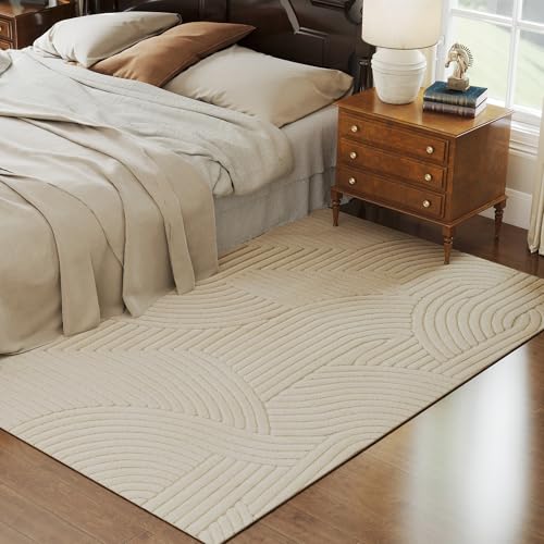HOMCOM Tapis Salon 230 x 160 cm, Tapis à Poils Épais Géométrique, Moelleux et Antidérapant, Style Moderne, pour Salon, Chambre à Coucher, Bureau, Crème