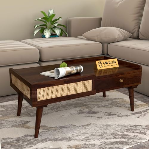 Image of Solid Sheesham Wood Coffee Table for Living Room | Centre Table with Storage Drawer & Cane Work | Modern Wooden Table for Home Office | 40.5x22x18 Inch | Walnut Finish