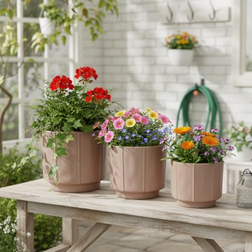 Image of Xtore Contour Ceramic Planter Set | Soft-Tone Minimal Plant Pots for Home & Office Decor - (Set of 3, Taupe, Planter ONLY)