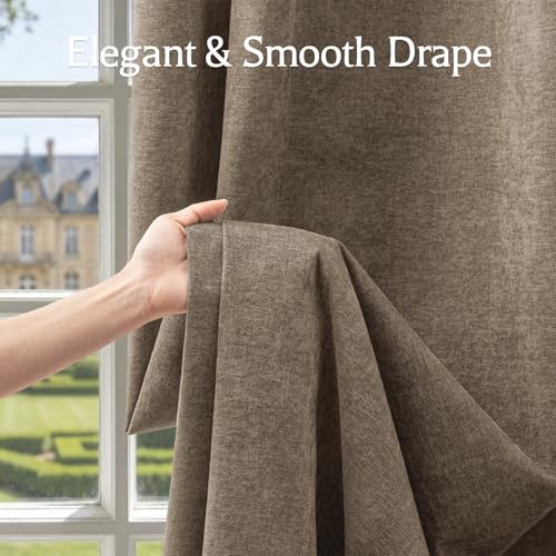 Image of 100% Blackout Curtains for Bedroom, Luxury Chenille Thermal Insulated Drapes for Living Room, Energy Saving Room Darkening 96 Inch Long Curtains, Grommet Top, 2 Panels, 52 inch W x 96 inch L, Brown