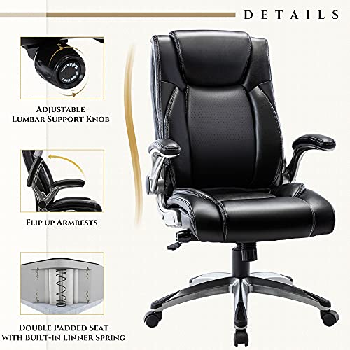 Executive Leather Office Chair, Ergonomic Office Chair with Adjustable Lumbar Support,High Back Computer Desk Chair, Flip-up Arms, Swivel Rolling Home Office Work Chair for Adults, Men, Women (Black)