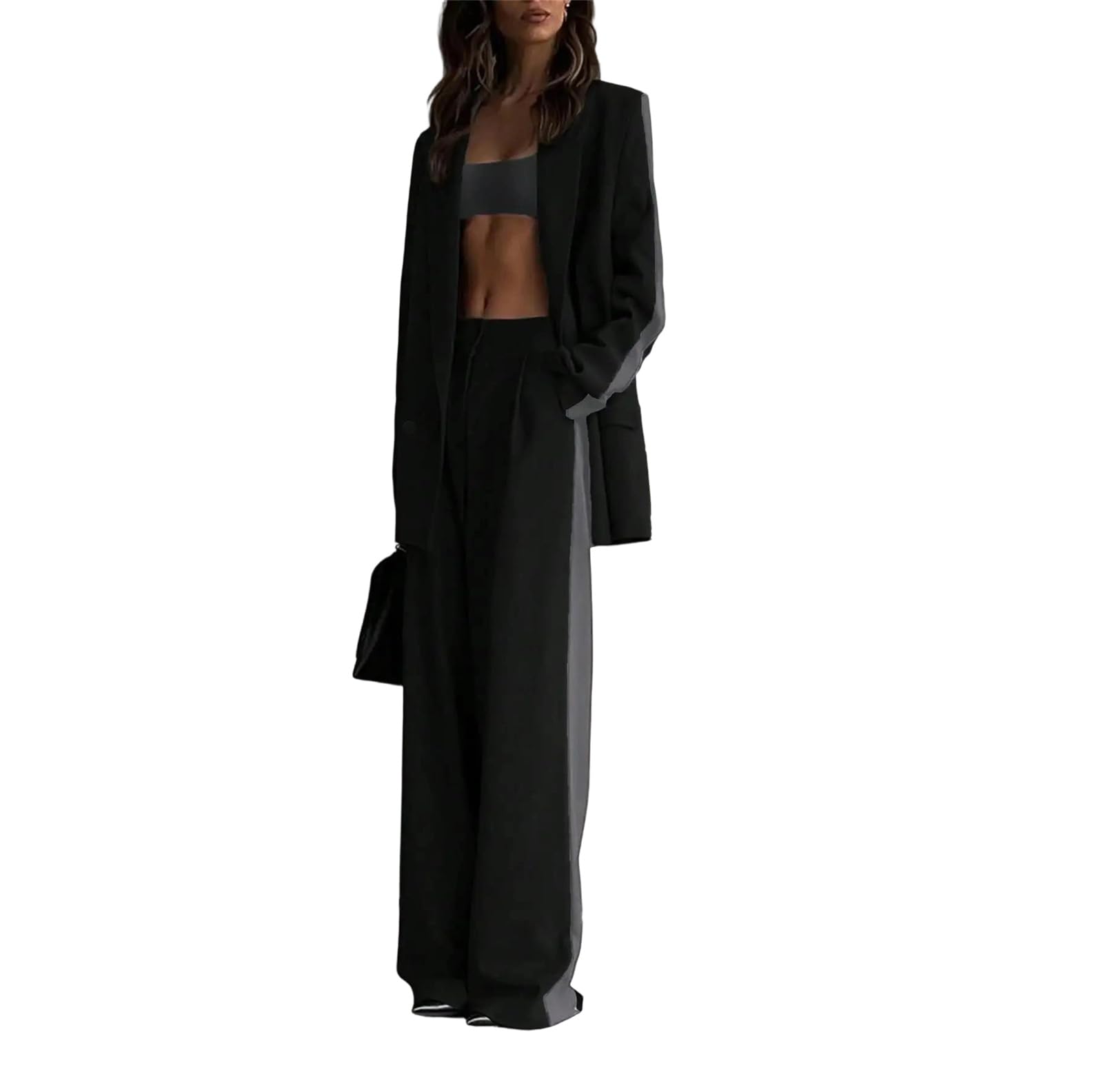 Womens Blazer Suit Set Lapel Jacket and Elastic Waist Straight Leg Pants Elegant Two Piece Business Office Work