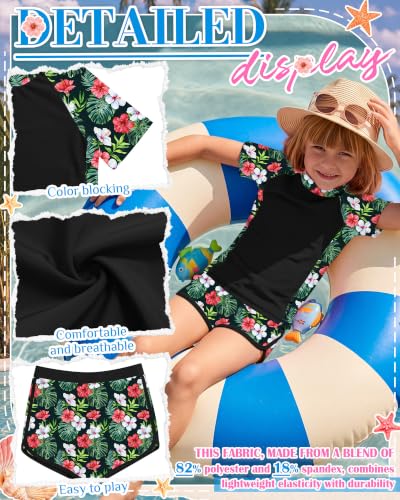 Image of Xaatren Girls 2 Piece Rash Guard Swimsuit | Quick Dry Bathing Suits, Short Sleeve Floral Beach Swimwear, Summer Tee and Boyshort Sets, Protection, Hawaiian, 7-16 Year