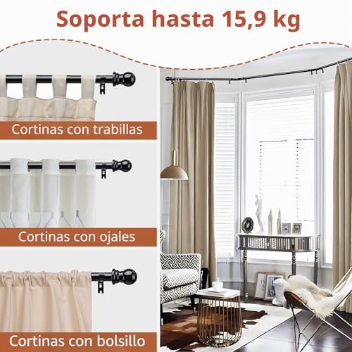 Miniatura 7 de Barras De Cortina Para Ventanas Saledizas, Barra De Cortina Curvada Para Ventanas De 76 A 460 Cm, 2 Codos Incluidos, 25 Mm De Diámetro, Barra De Cortina Negra Resistente De 3 Lados Para Dormitorio