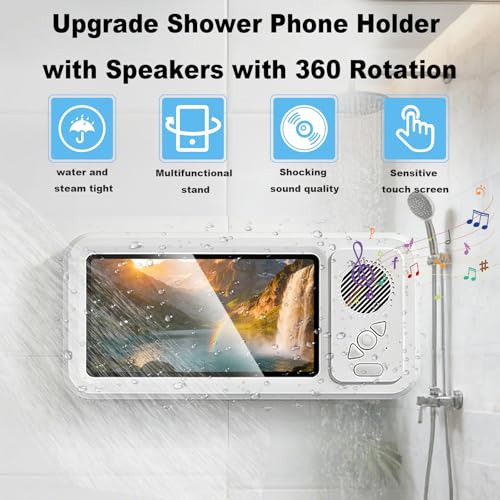 Image of Wall Mount Shower Phone Holder Waterproof,Bathroom Accessories,Waterproof Phone Case,Shower Phones Holder with Speaker,360 Rotation,Suction Cup Bathroom Case Mount Shelf (White)