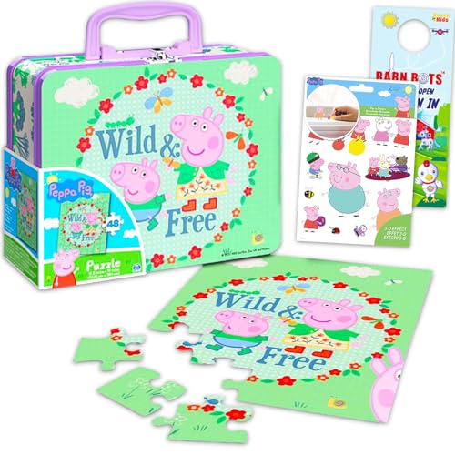 Peppa Pig Lonchera de lata con juego de rompecabezas, paquete con lonchera de lata, rompecabezas de 48 piezas para niños más calcomanías, más | Juego de actividades Peppa Pig para niños y niñas