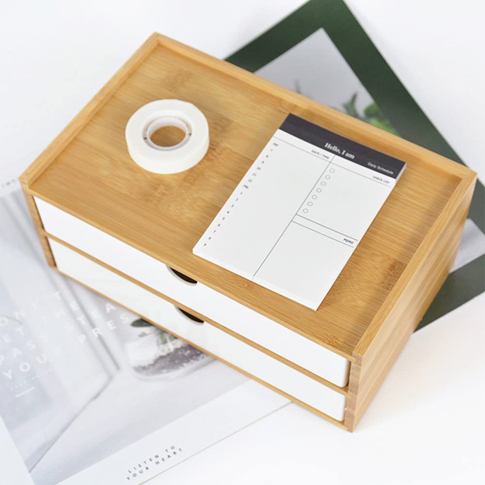 Wayuto Schreibtisch-Organizer aus Bambus, 2-stöckig, einfache Holztisch-Aufbewahrungsbox, mehrere Fächer, Schubladeneinheiten für Zuhause, Badezimmer, Büro, Weiß, 2 Schubladen