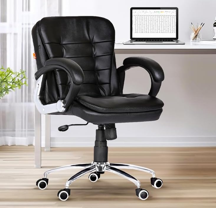 Da URBAN® Milford Mid Back Revolving Leatherette Ergonomic Home & Office Executive Chair with High Comfort Seating, Height Adjustable Seat & Heavy Duty Metal Base (Black)-image-46