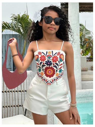 Floerns Girl's Boho Floral Camisole Spaghetti Strap Asymmetrical Vacation Cami Top3