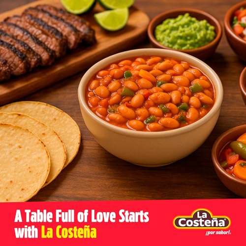 La Costeña Charro Beans - Ready-to-Eat Canned Pinto Beans with Chorizo, Bacon & Chicharrones - Mexican Food, Tex Mex, Chili Ingredients, Bean Dip, Bean Burger & Burrito - 19.75oz, 12 Pack Canned Food