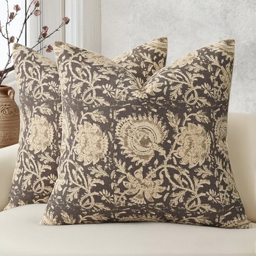 DKwizme Vintage Floral Print Throw Pillow Covers 18x18 Set of 2 Neutral Modern Farmhouse Pillowcases Accent Decorative Cushion Covers Boho Home Decor for Couch Sofa Chair Bed Living Room, Rustic Gray