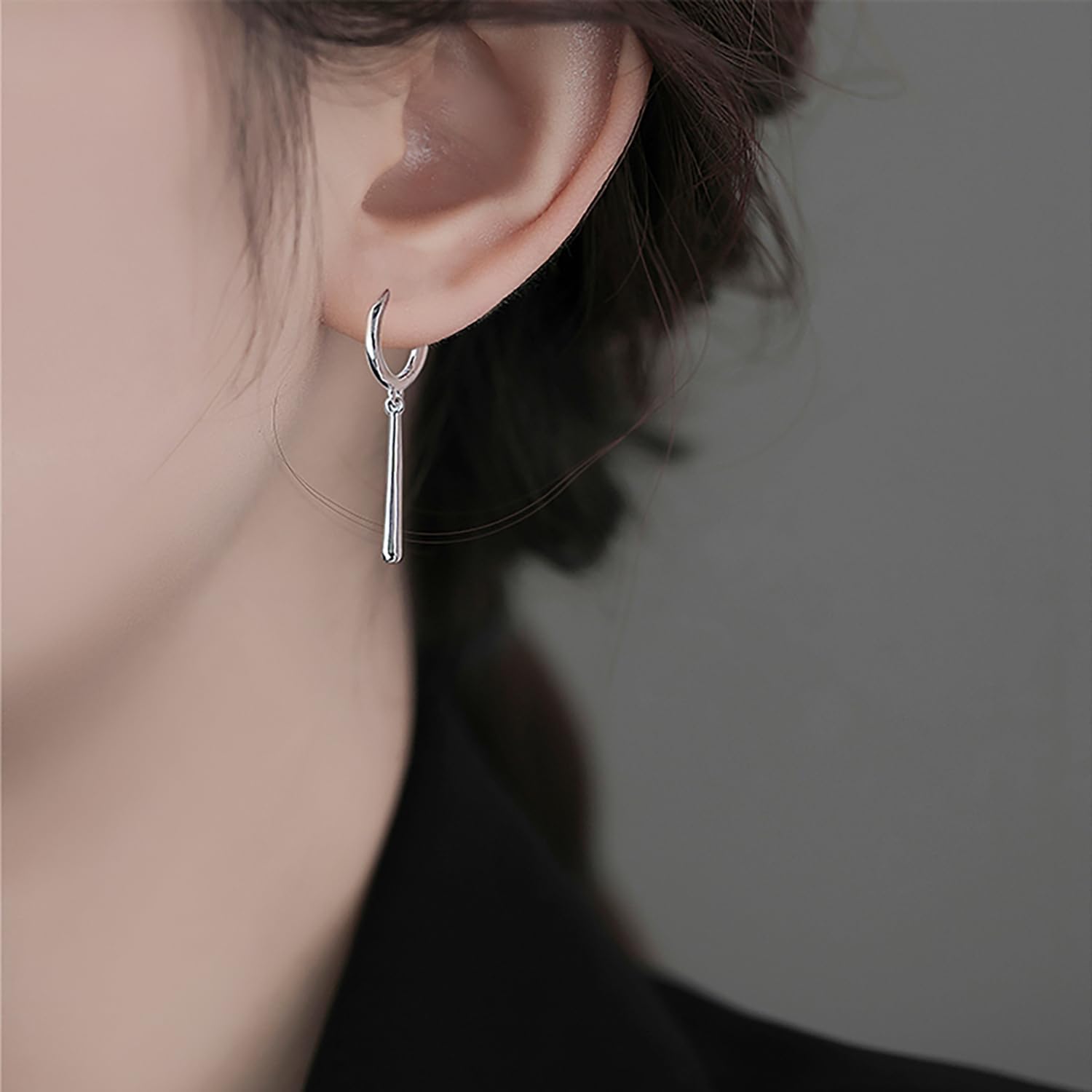 Reffeer Solid 925 Sterling Silver Bar Hoop Dangle Earrings for Women Teens Bar Dangle Earrings Minimalist Hoop Drop Earrings - Image 2