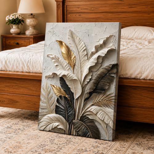 Image of PAINTINGMANTRA Textured Embossed Leaf Floral Canvas Wall Art Painting for wall decoration, Neutral & Gold Tropical Leaf Motifs Flower Stretched Canvas Painting for living room, bedroom, Office, 22x34 Inch