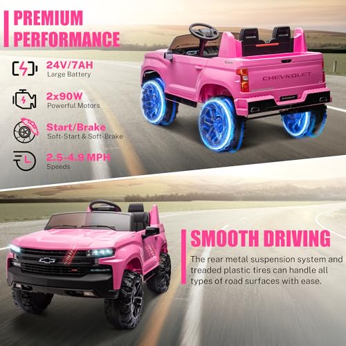 Image of ENYOPRO 24V 2 Seater Ride On Truck Car, Compatible for Chevrolet Silverado Battery Powered Electric Car for Kids w /Remote Control, Metal Suspension, Soft Start, FM /Bluetooth /Music, LED Lights, Pink